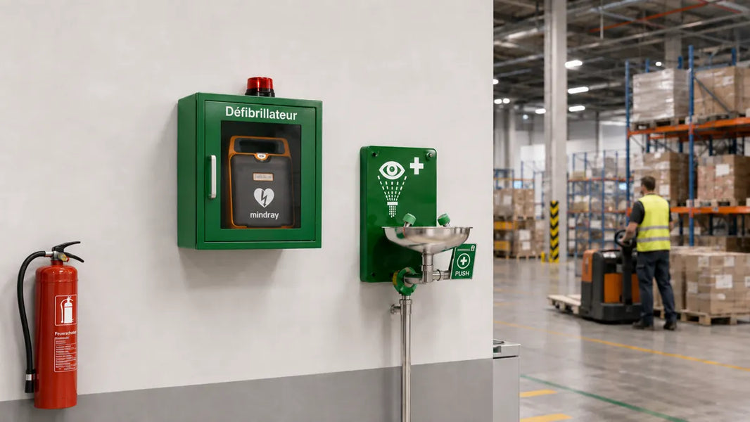 Défibrillateur en armoire murale dans un entrepôt industriel