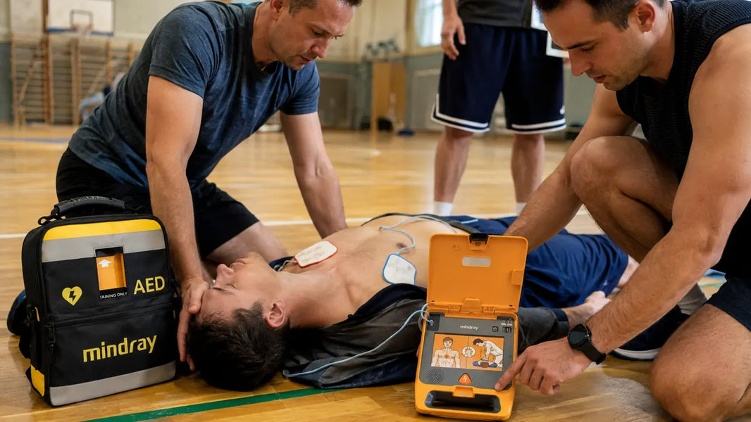 Intervention avec un défibrillateur sur un terrain de sport