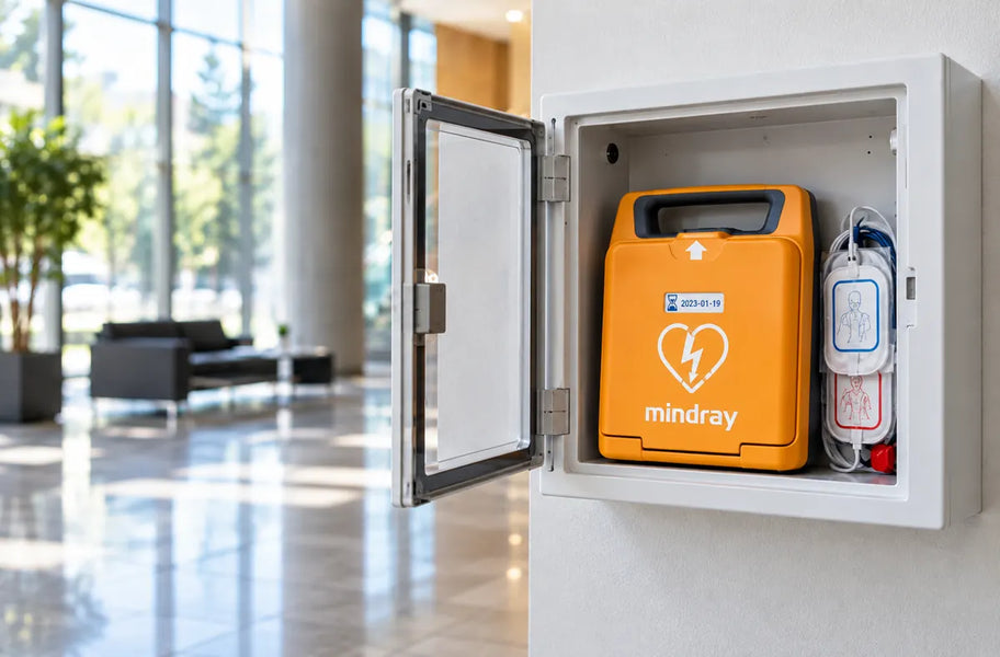 Défibrillateur Mindray dans un coffret mural, dans le hall d'une entreprise