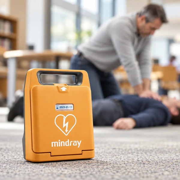Défibrillateur Mindray au premier plan pendant un massage cardiaque