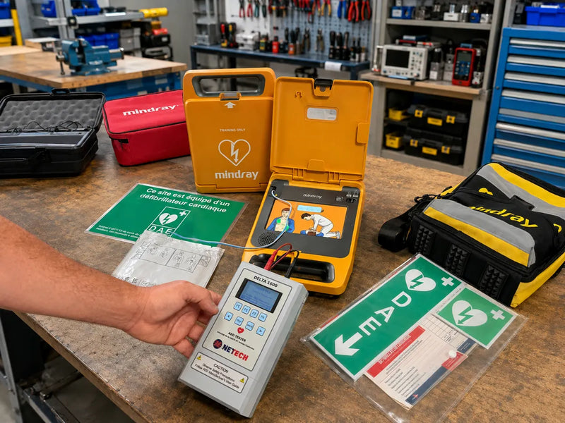Maintenance d’un défibrillateur Mindray avec un testeur en atelier