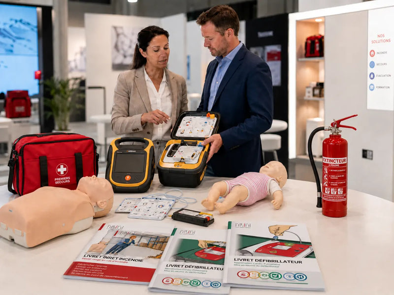 Stand de matériel de secours : défibrillateurs et extincteur
