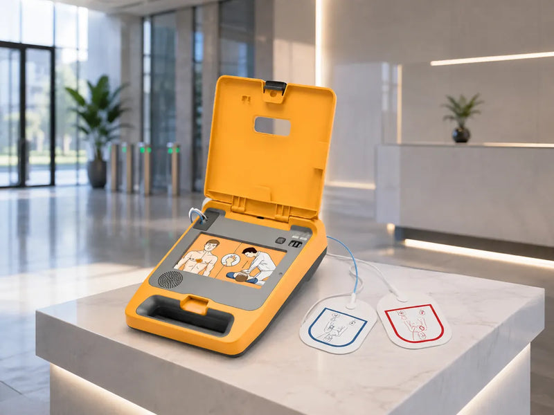 Défibrillateur automatique ouvert, électrodes visibles, dans un hall