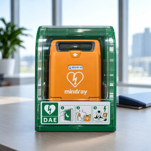 Défibrillateur Mindray dans une armoire verte avec pictogrammes DAE