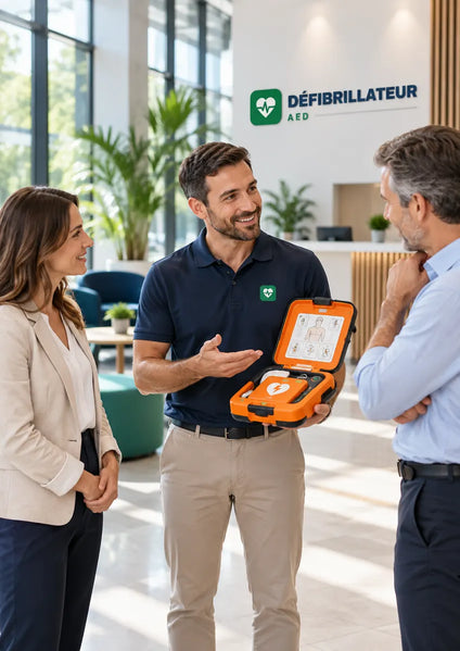 Démonstration d’un défibrillateur par un conseiller en entreprise