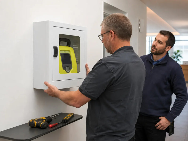 Installation d’une armoire blanche pour défibrillateur