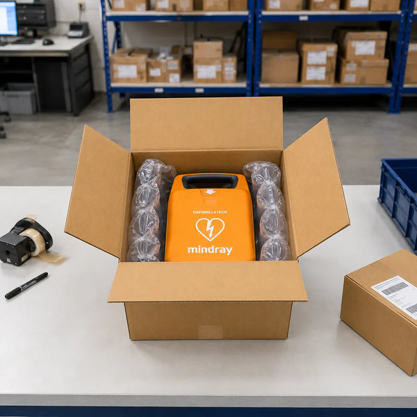 Défibrillateur livré dans son emballage carton