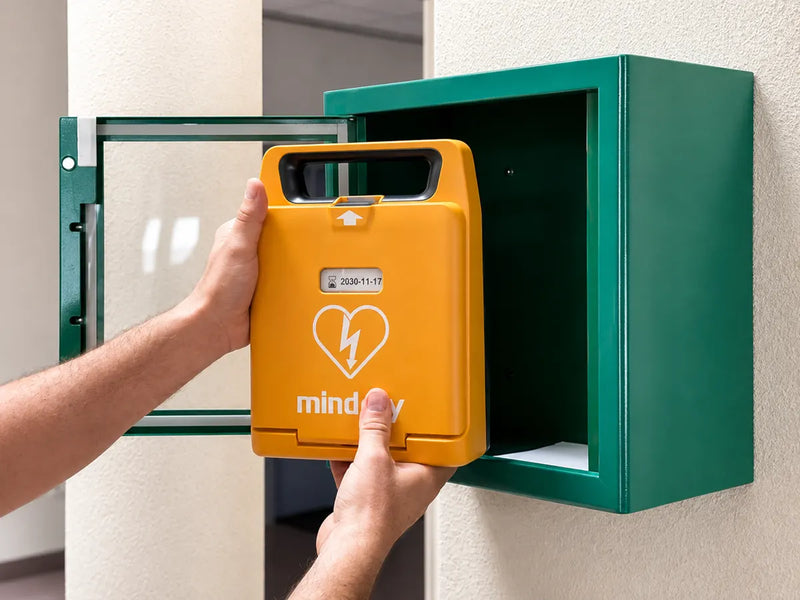 Pose d’un défibrillateur dans un coffret mural vert