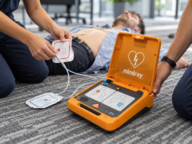 Pose des électrodes d’un défibrillateur Mindray en situation d’urgence